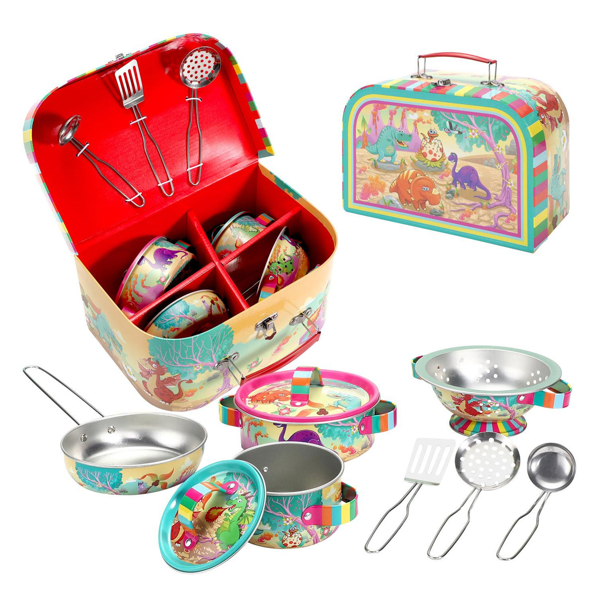SOKA 10-Piece Kids Kitchenware Play Set with Carry Case – Dinosaur Role Play Toy Pots, Pans and Utensils