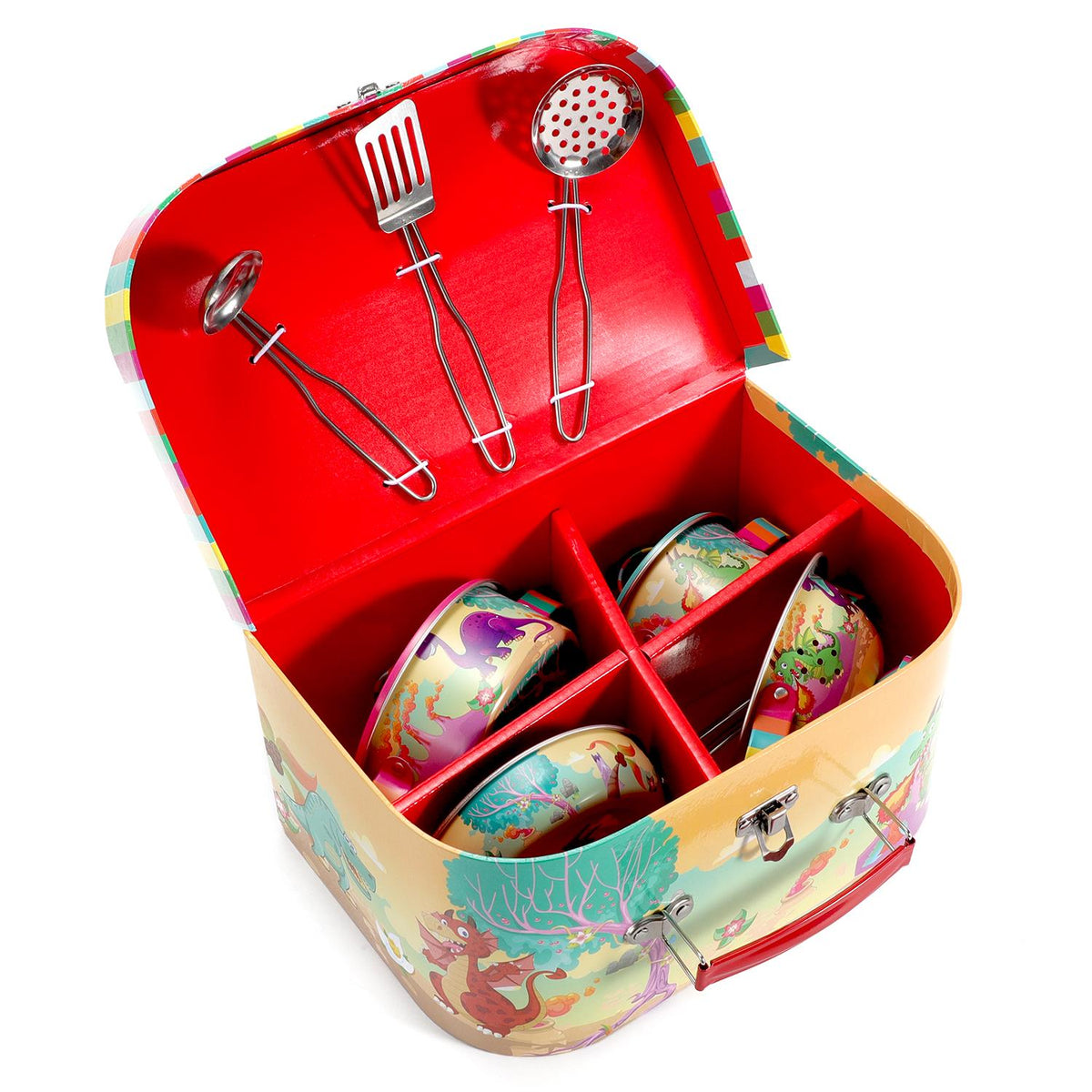 SOKA 10-Piece Kids Kitchenware Play Set with Carry Case – Dinosaur Role Play Toy Pots, Pans and Utensils