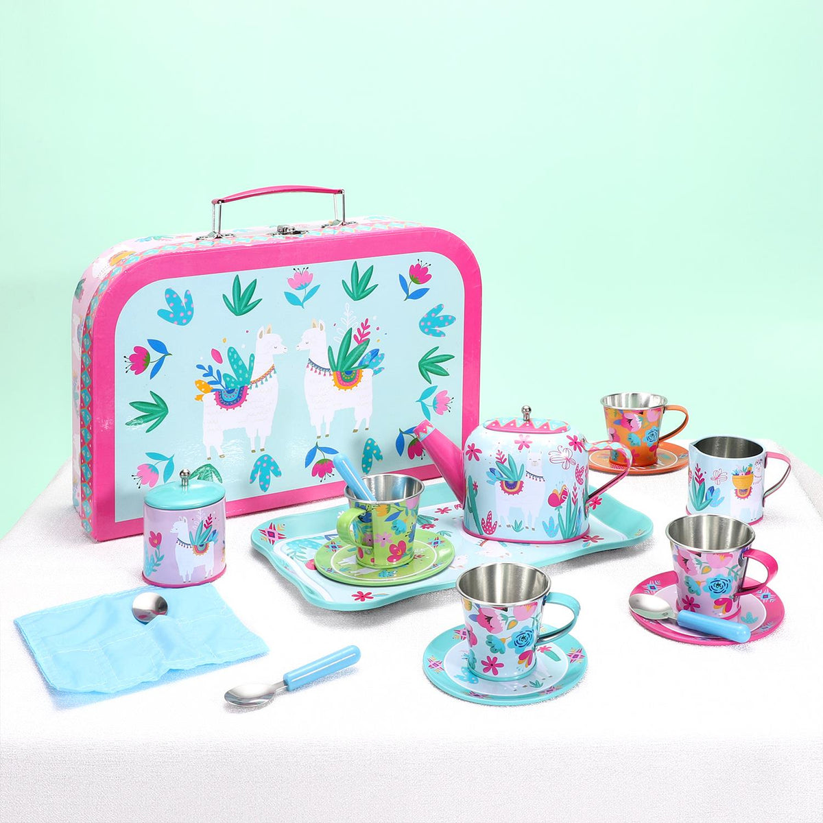 SOKA 18 Piece Tin Tea Set with Carry Case – Kids Role Play Tea Party Toy, Llama Design