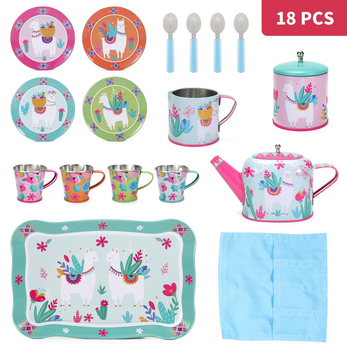 SOKA 18 Piece Tin Tea Set with Carry Case – Kids Role Play Tea Party Toy, Llama Design