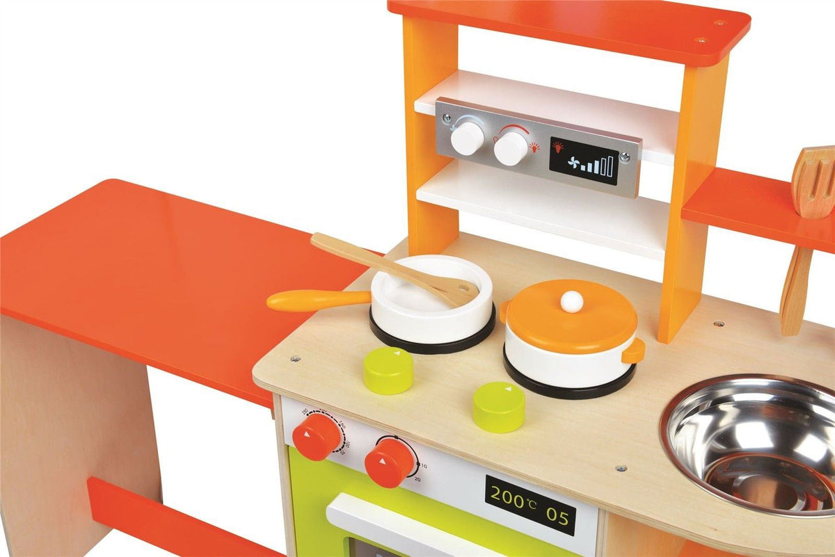 Lelin Sizzlin' Kitchen Wooden Play Kitchen with Sink, Oven, Hob and Accessories – Kids Pretend Play Set, Ages 3+