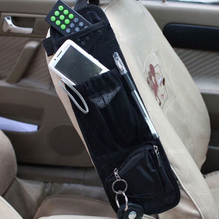 Vinsani Car Seat Side Pocket Organiser with 2 Mesh Pockets & Zip Pouch – Hanging Storage Bag, Black