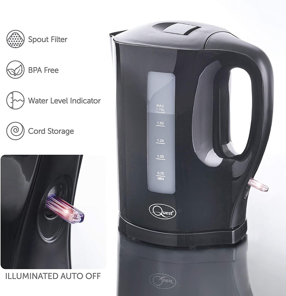 Daewoo Quest 1.7L Cordless Jug Kettle with Auto Shut-Off & Water Level Window – Black