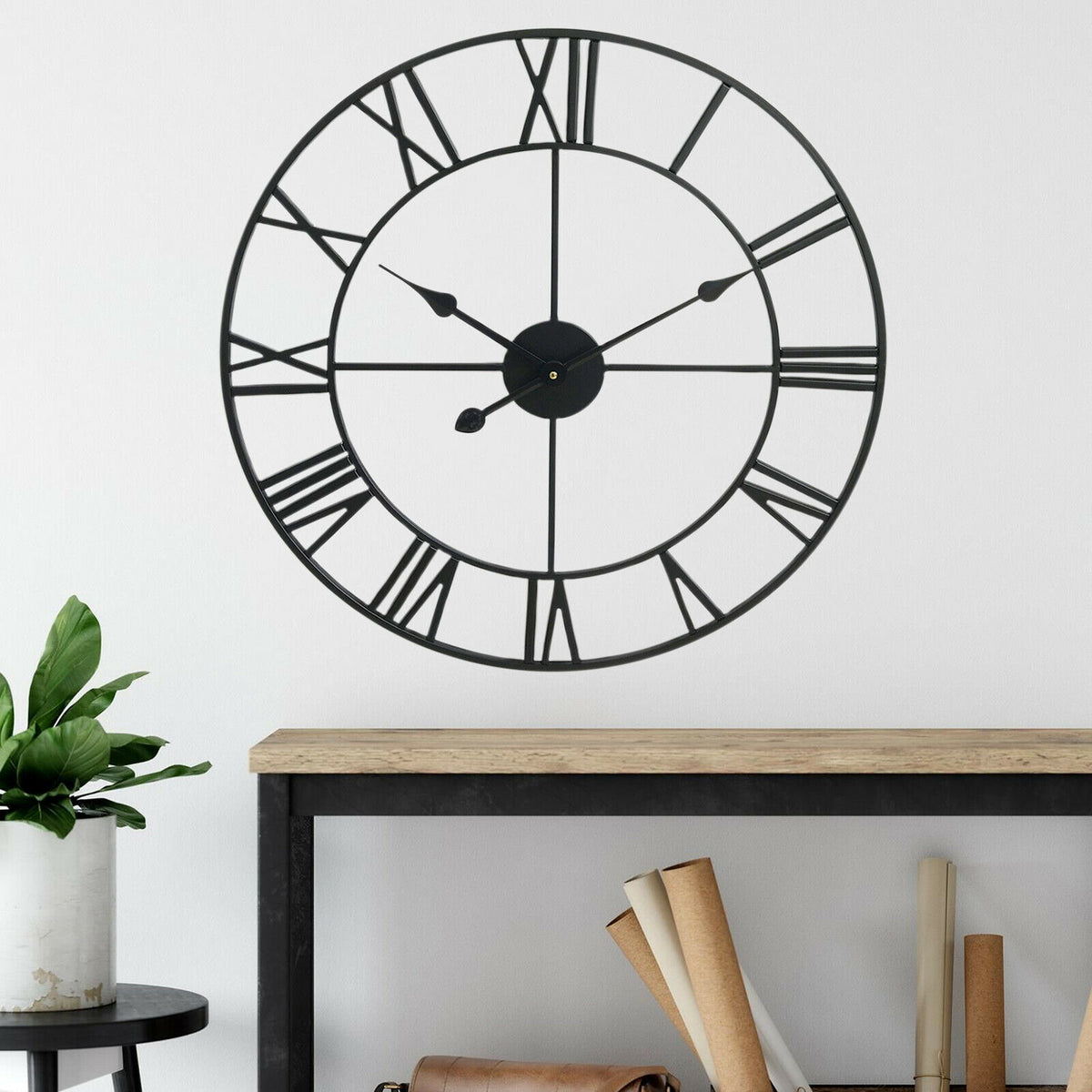 40cm Roman Numeral Metal Wall Clock – Open Back Skeleton Design, Vintage Distressed Black