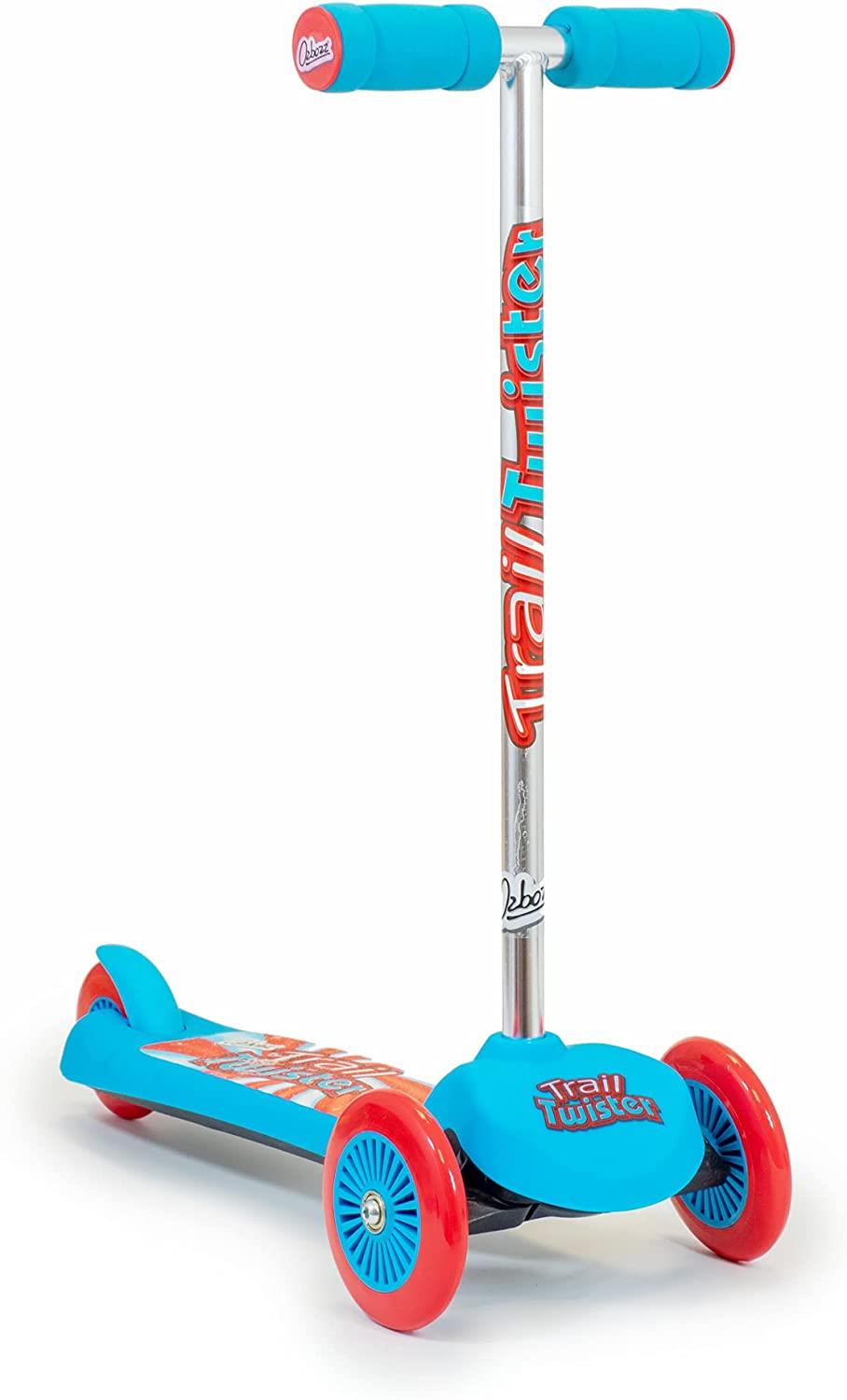 OZBOZZ Trail Twist Three-Wheeled Scooter with Rear Wheel Brake & Chrome Bar – Kids Ride-On, Blue