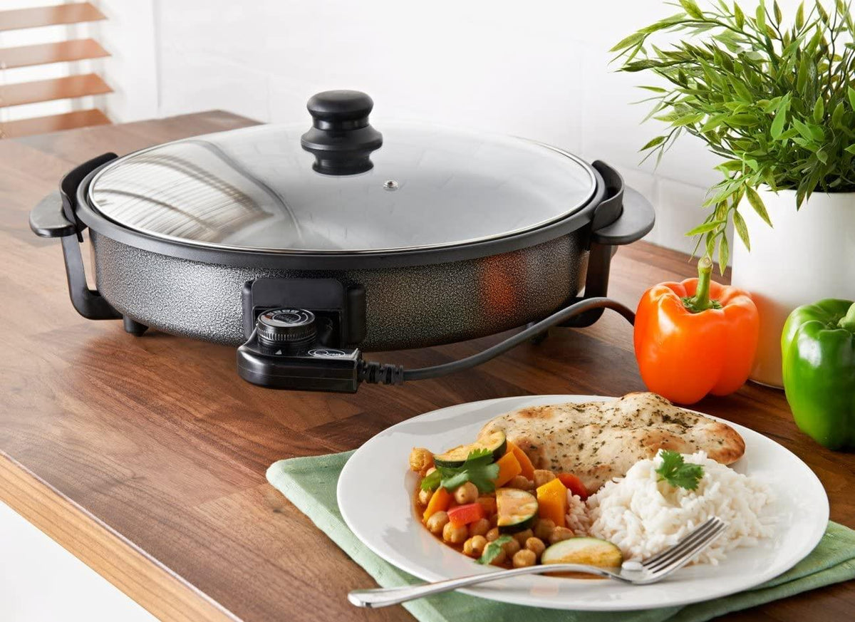 Quest 30cm Multi-Function Electric Cooker Pan with Glass Lid, 1500W – Fry, Stew, Steam & Sauté