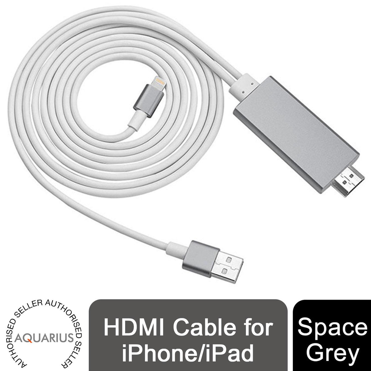 Aquarius Full HD HDMI Adapter Cable for 8-Pin Phone & Pad – 1080p TV Mirroring, Space Grey