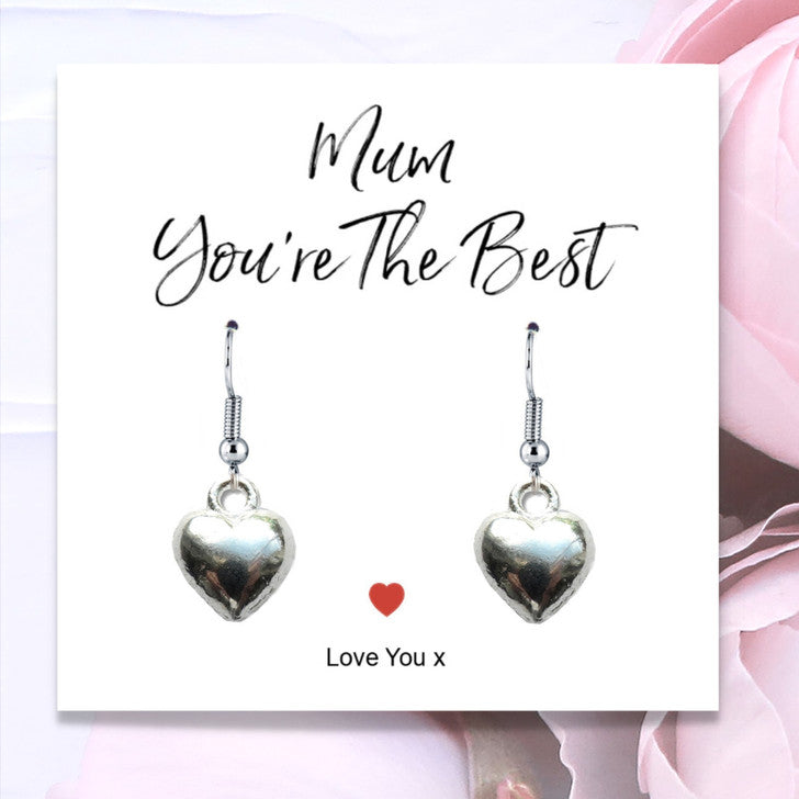 Mum You're The Best Silver Puff Heart Earrings with Message Card