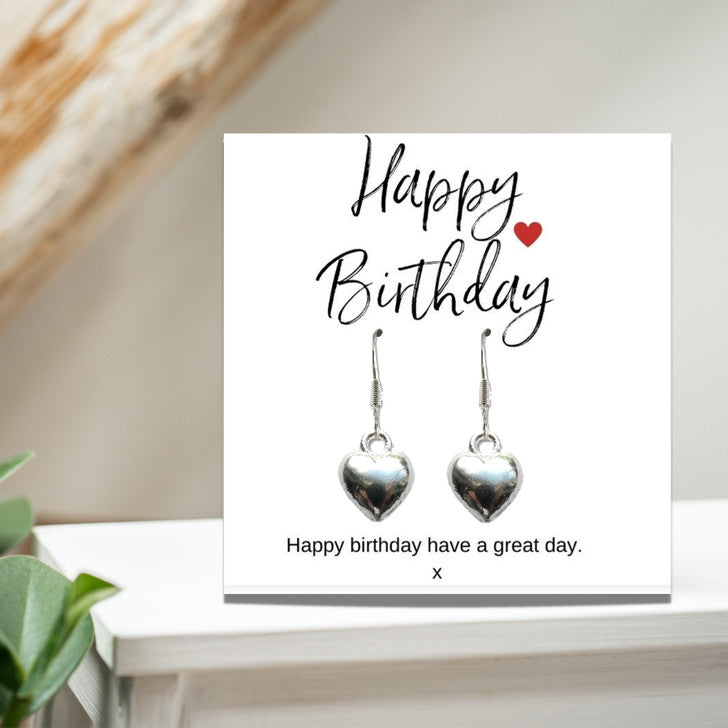 Aye Do Gifts Happy Birthday Puff Heart Earrings with Message Card – Silver Plated Gift in Black Gift Box