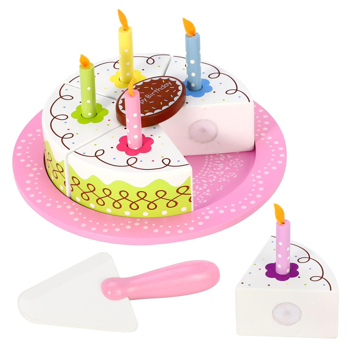 SOKA Wooden Birthday Cream Cake Pretend Play Toy Food Set with Candles & Slicer for Kids