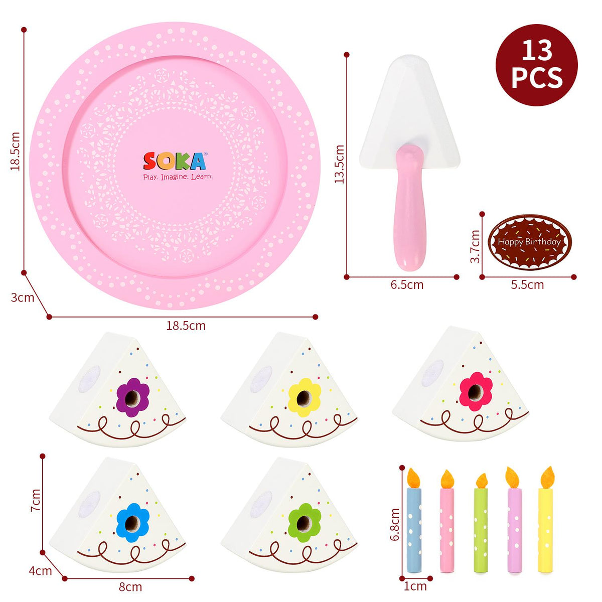 SOKA Wooden Birthday Cream Cake Pretend Play Toy Food Set with Candles & Slicer for Kids
