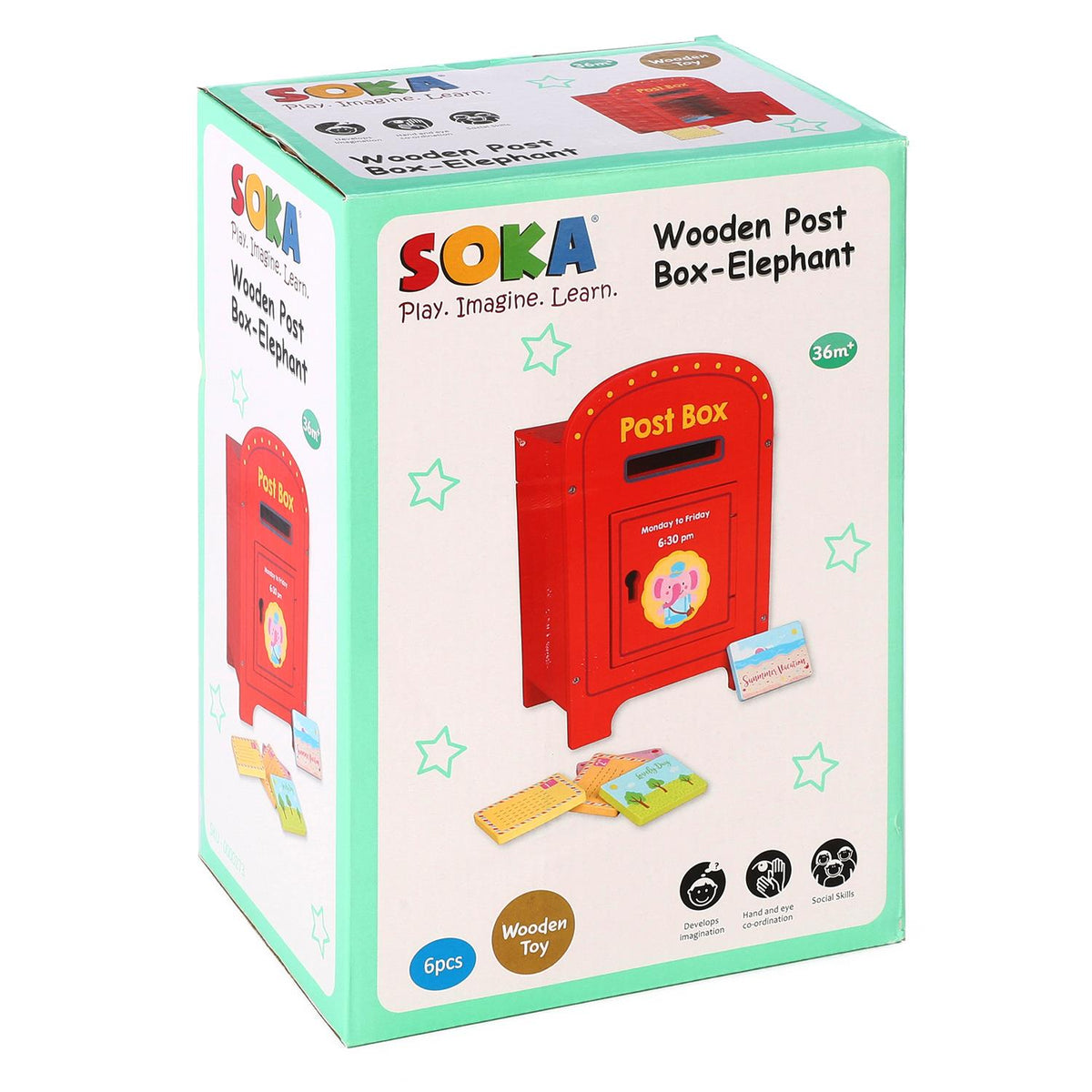 SOKA Wooden Elephant Post Box with Five Wooden Letters – Children's Pretend Play Toy