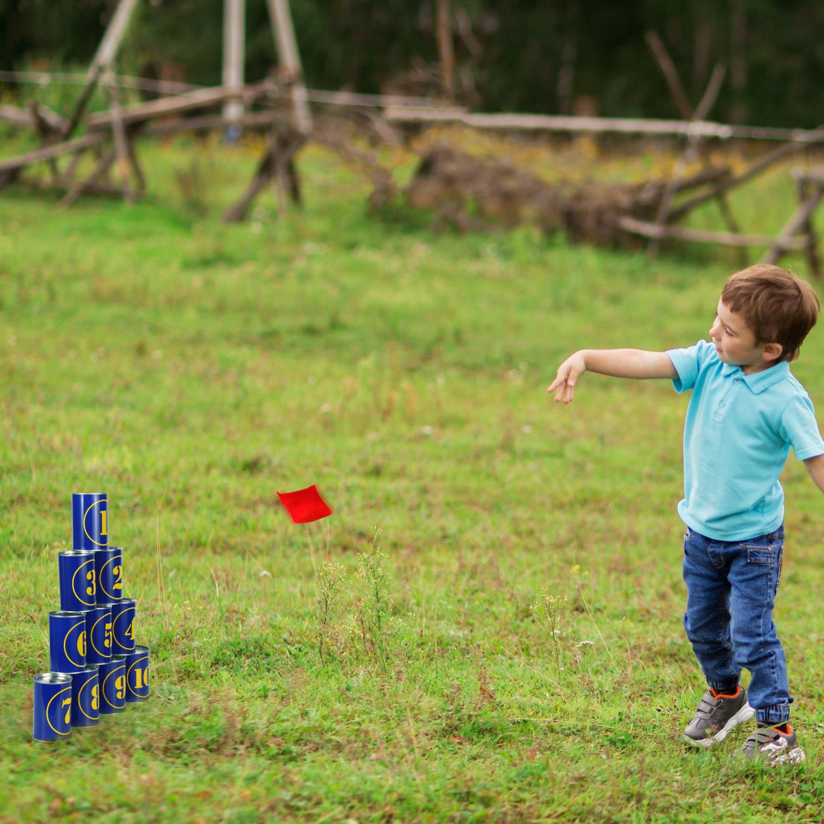SOKA Tin Can Alley Game with Beanbags – Indoor & Outdoor Family Carnival Game for Ages 5+