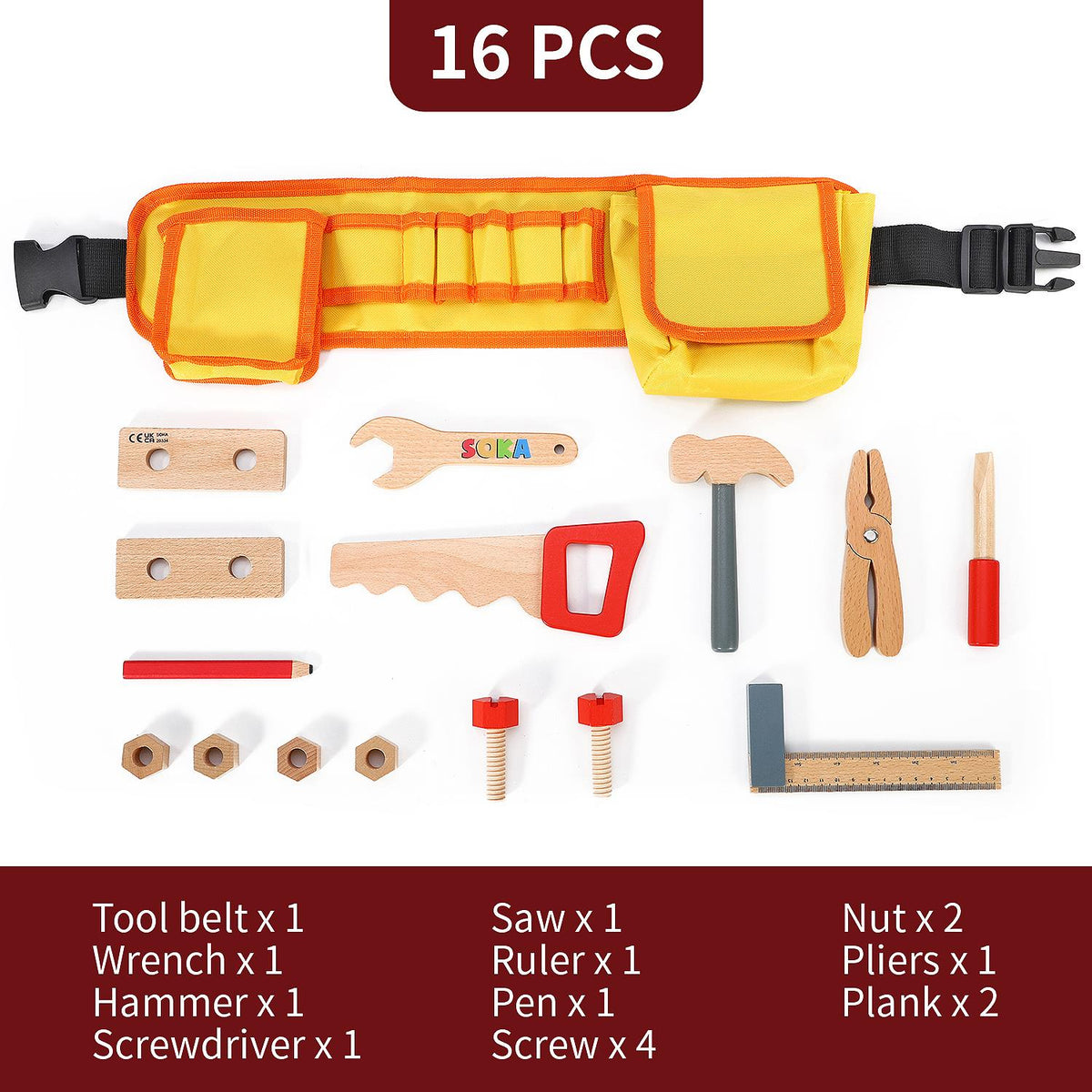 SOKA My Tool Belt Wooden Role Play Set with Hammer, Spanner & Saw – Adjustable Children's Toy Tools