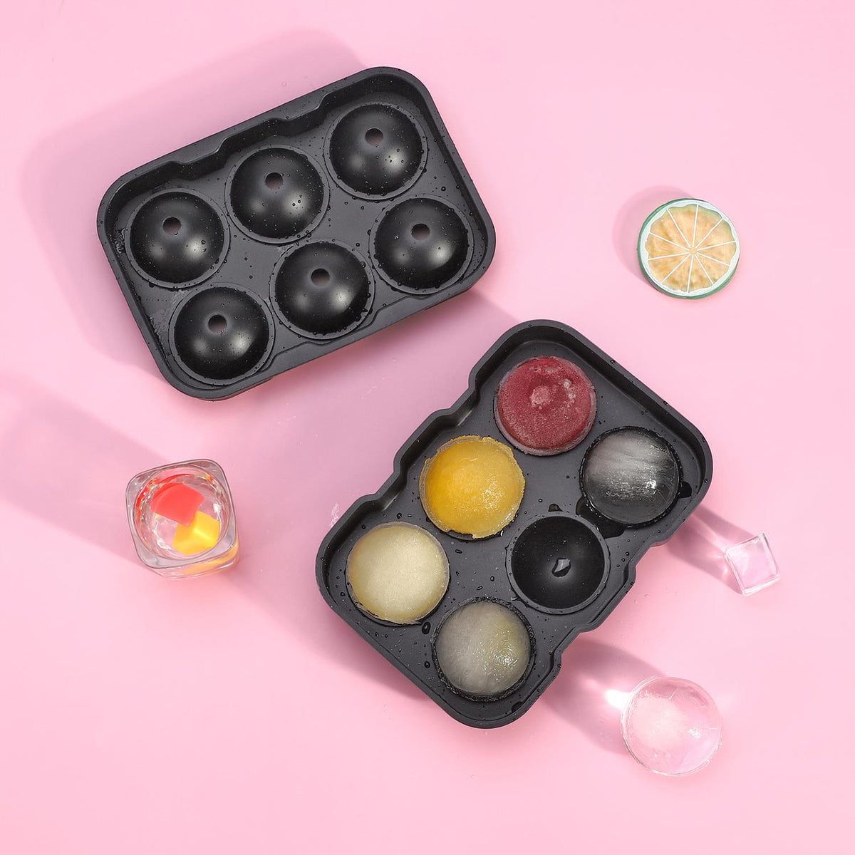 Vinsani 2 Pack Silicone Ice Cube Trays with Removable Lids – Easy-Release Round & Square Ice Moulds, Black