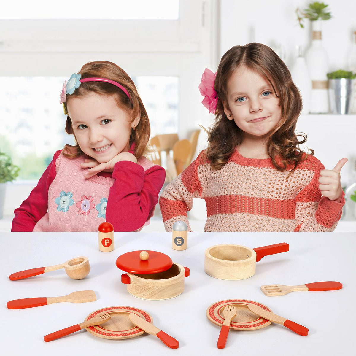 SOKA Red Wooden Cooking Set – Kids Pretend Play Kitchen Toy with Pans, Utensils & Plates
