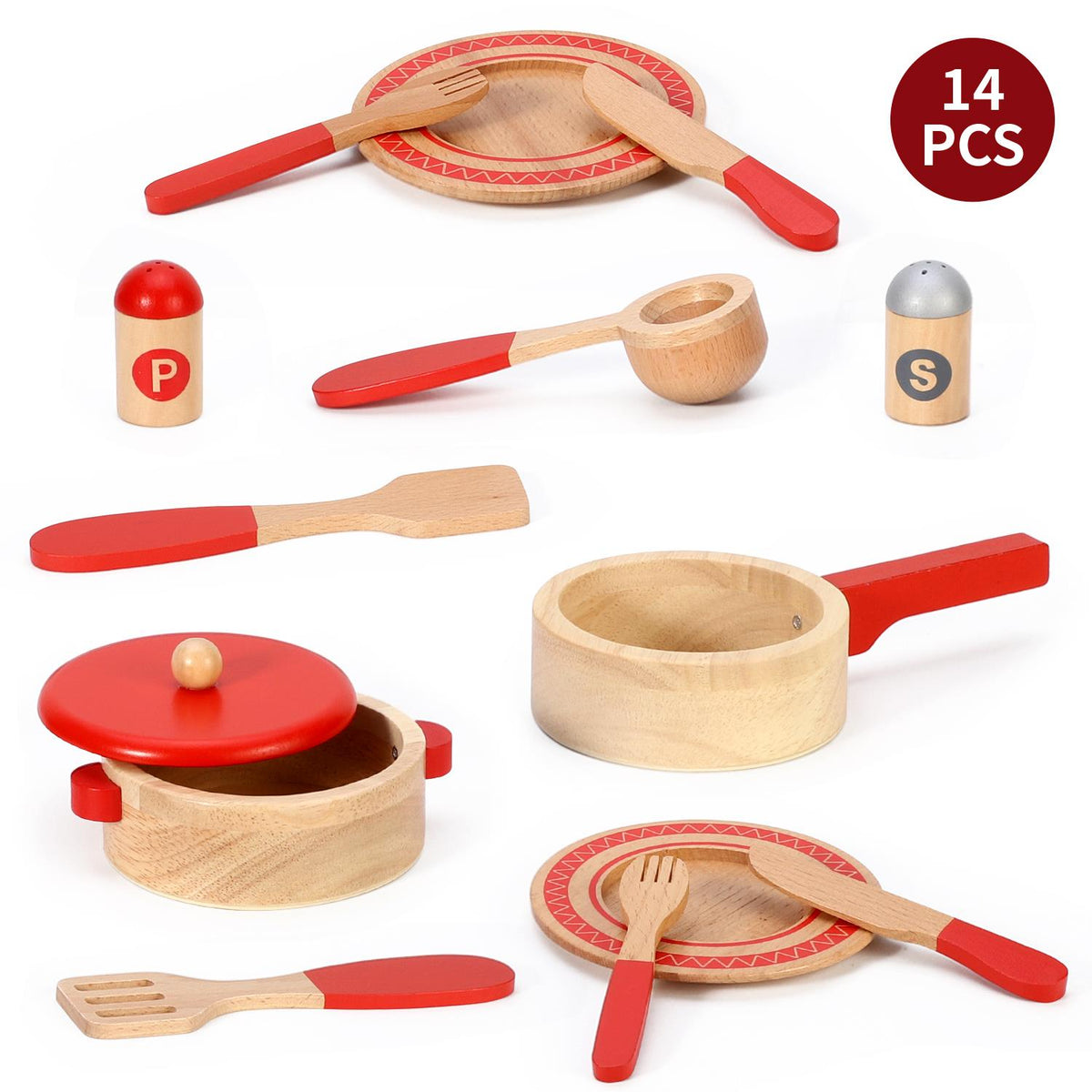 SOKA Red Wooden Cooking Set – Kids Pretend Play Kitchen Toy with Pans, Utensils & Plates