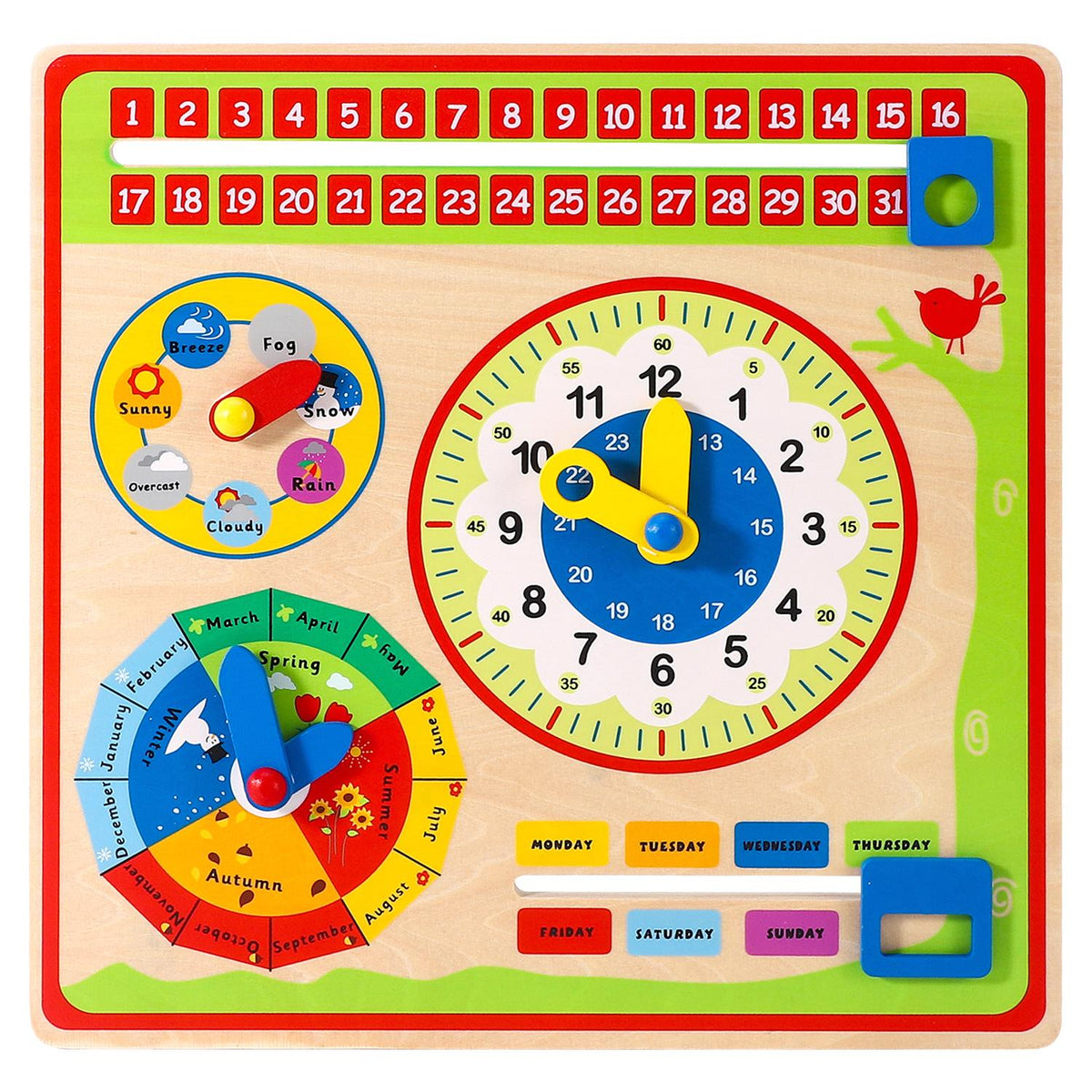 SOKA Wooden Wall Calendar with 5 Dials for Date, Weather, Time, Month & Season – Children's Learning Toy