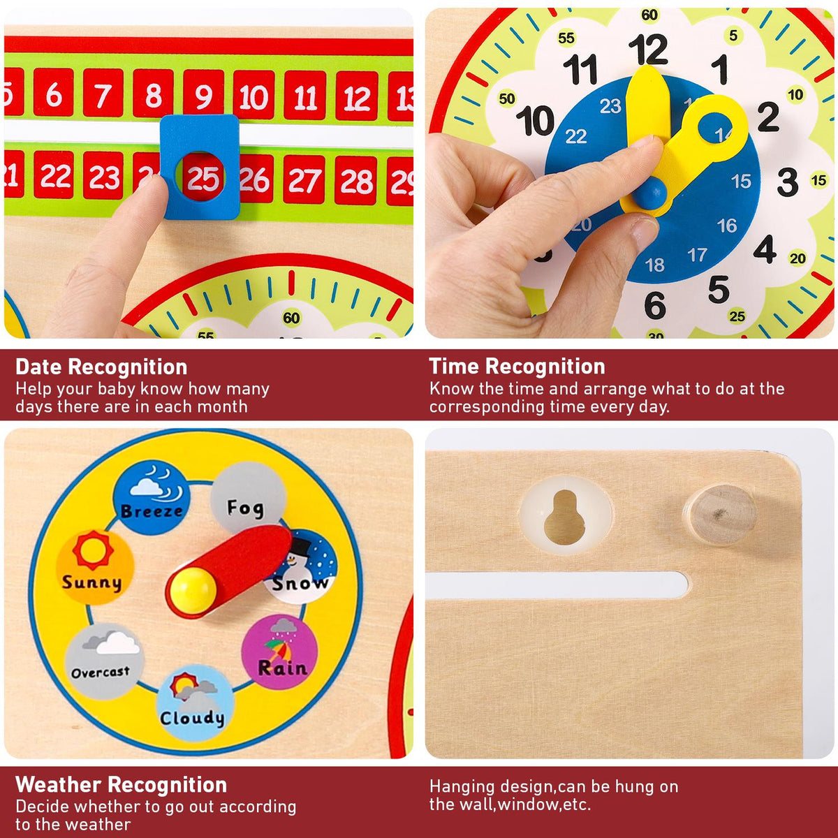 SOKA Wooden Wall Calendar with 5 Dials for Date, Weather, Time, Month & Season – Children's Learning Toy