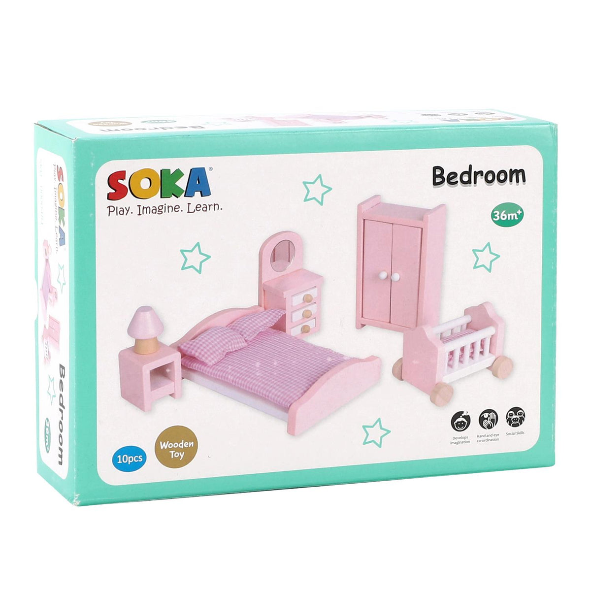 SOKA Wooden Dolls House Bedroom Furniture Set, 6 Pieces – Bed, Vanity Mirror, Wardrobe, Lamp & Side Table