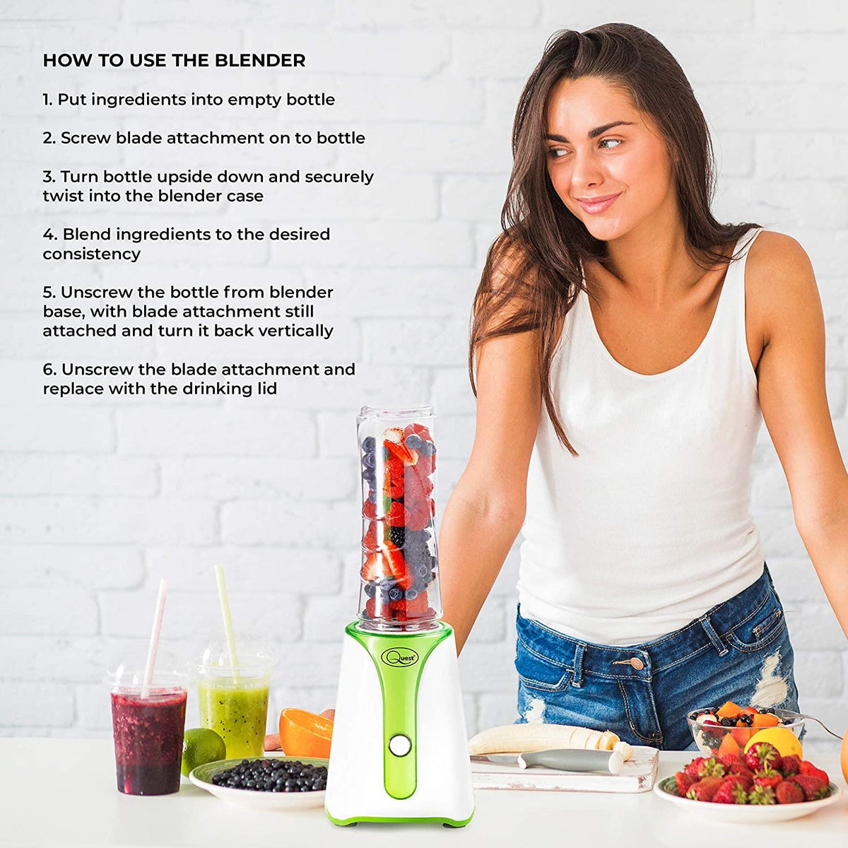 Quest Slimline Personal Blender with BPA-Free Bottle – Smoothies, Shakes & Travel Cup, Green & White