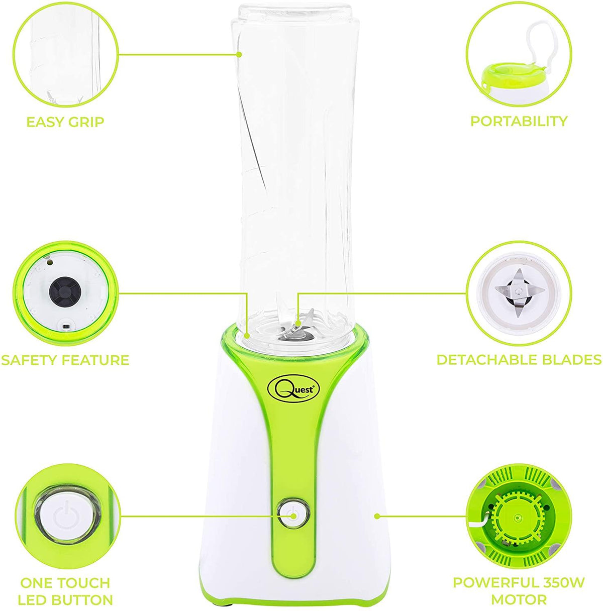Quest Slimline Personal Blender with BPA-Free Bottle – Smoothies, Shakes & Travel Cup, Green & White