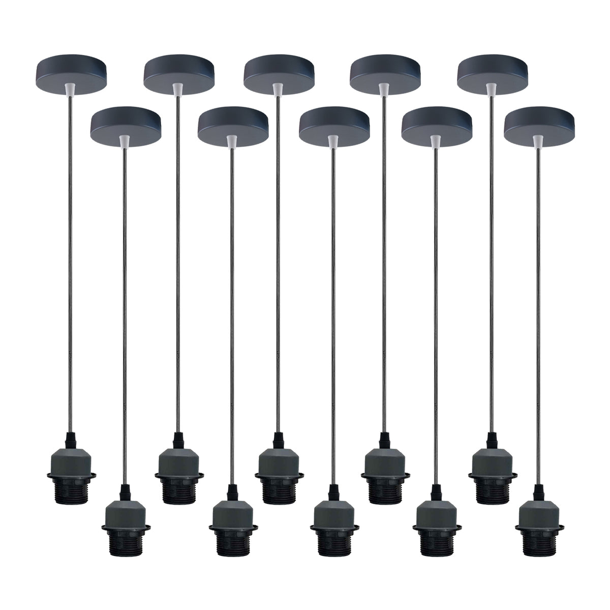 10 Pack Industrial Grey Pendant Light Holders with 95cm Cable – E27 Vintage Ceiling Fittings