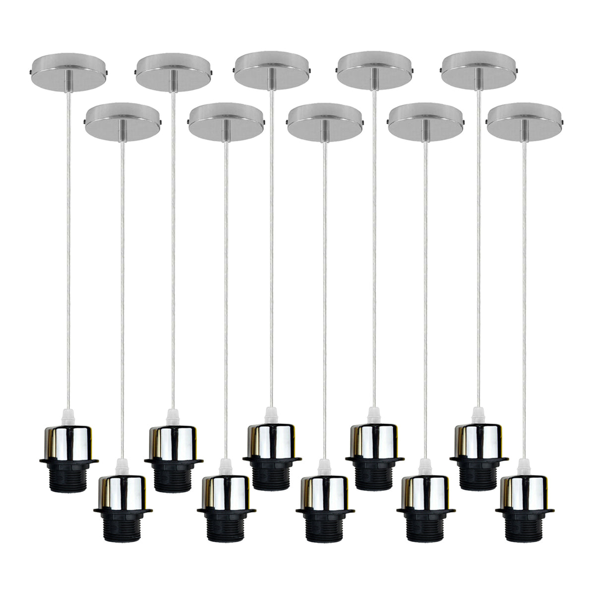 10 Pack Industrial Chrome Pendant Light Holders with 95cm Cable – E27 Vintage Ceiling Fittings