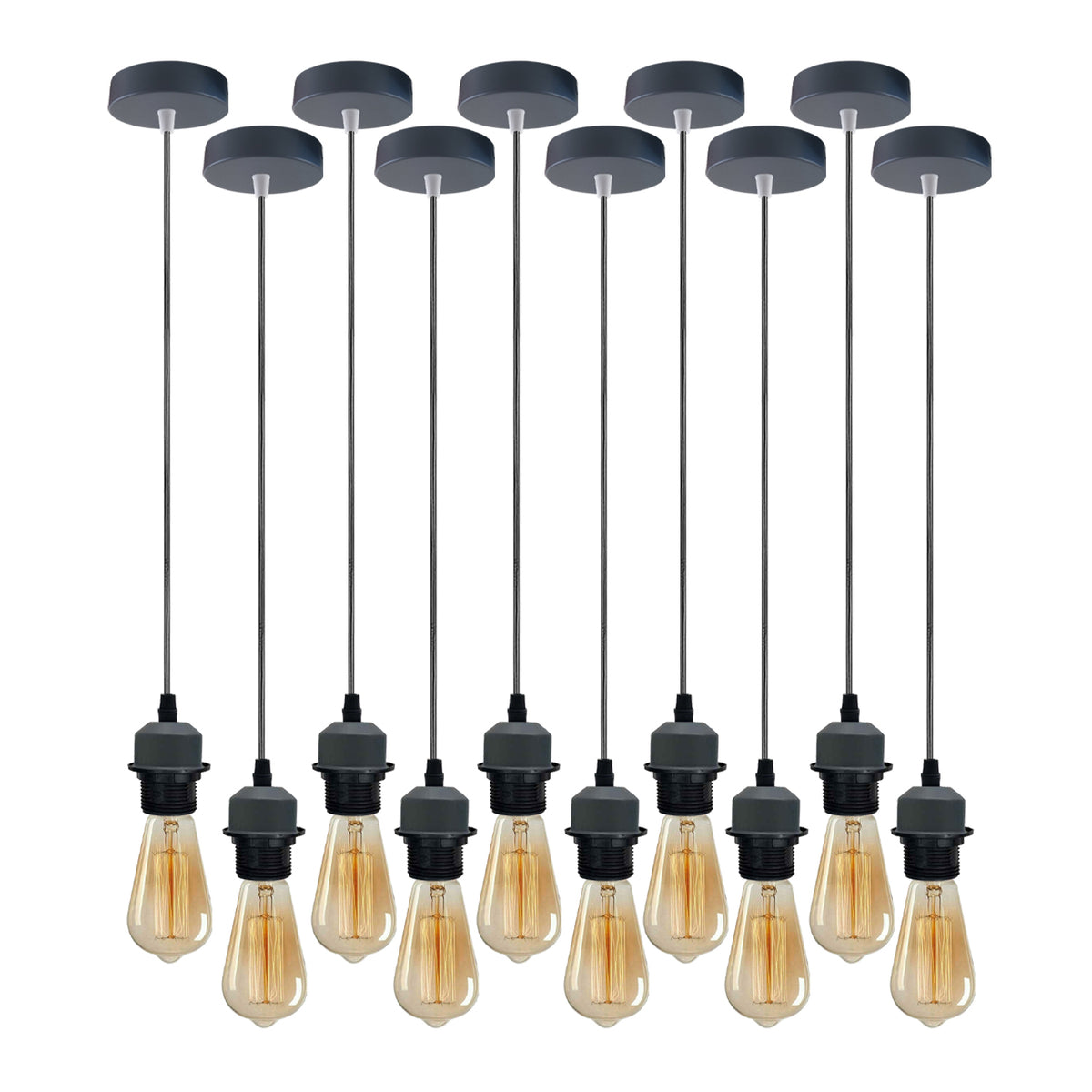 10 Pack Industrial Grey Pendant Light Holders with 95cm Cable – E27 Vintage Ceiling Fittings