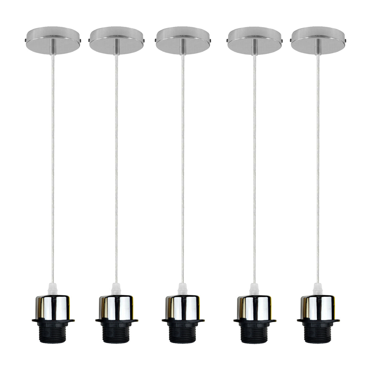 Industrial Chrome Pendant Light 5 Pack with E27 Holder & 95cm PVC Cable – Retro Lampshade-Ready Kit