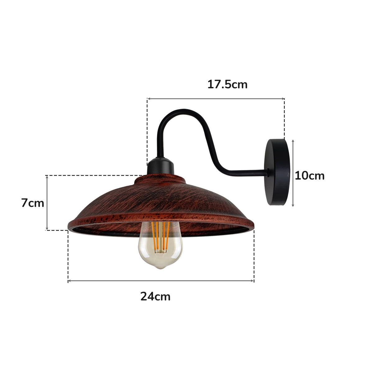 Vintage Hemisphere Wall Light with Swan Neck and E27 Socket – Dimmable Indoor Sconce, Rustic Red