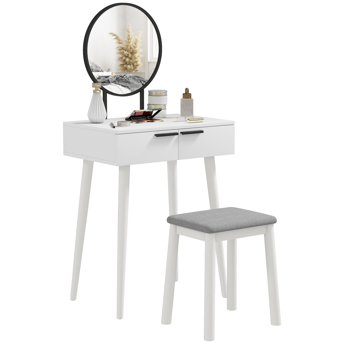 Dressing table set with mirror and stool