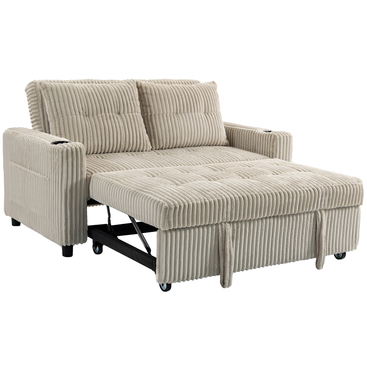 HOMCOM Corduroy Click Clack Sleeper Sofa Bed with Pull Out Design, 2 Seater, Cup Holders – Cream White