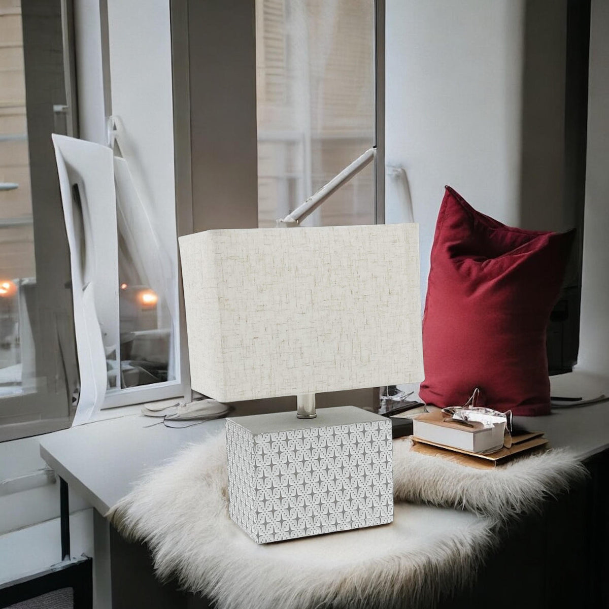 Cream Cement Table Lamp with Diamond Pattern Base & Empire Fabric Shade – Art Deco Style