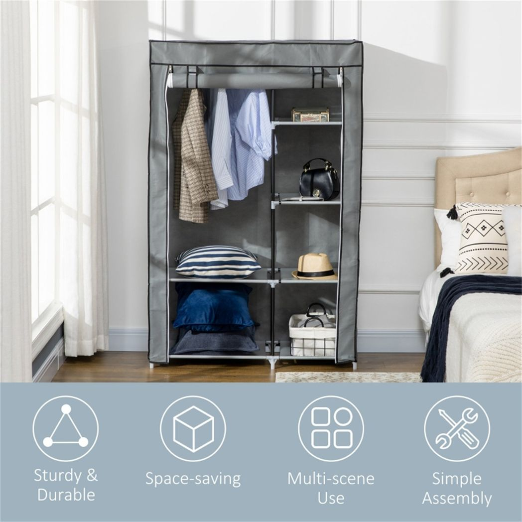 Chester Fabric Wardrobe with Hanging Rail, 6 Shelves and Roll-Up Door – Steel Frame Clothes Storage, Light Grey