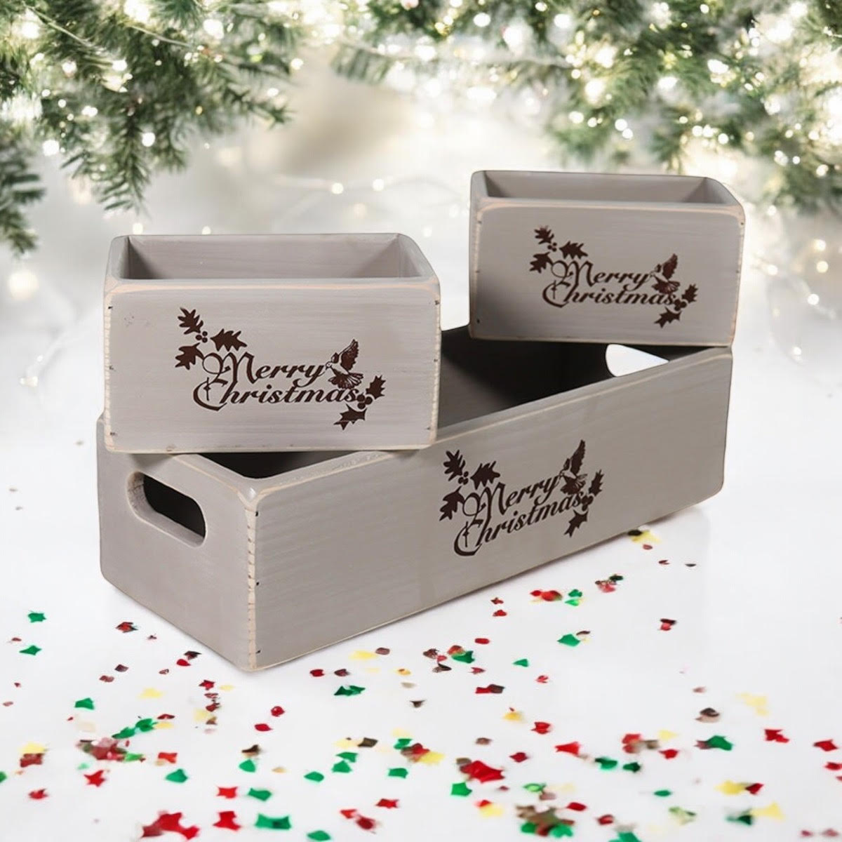 AcaciaHome Vintage Wooden Merry Christmas Storage Crate Set with Sturdy Handles – Festive Rustic Decor