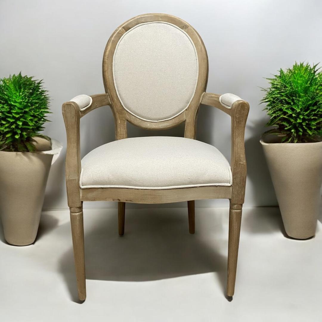 Louis-Style Cream Linen Armchair with High Back – 94cm French Dining Chair, Grey Frame