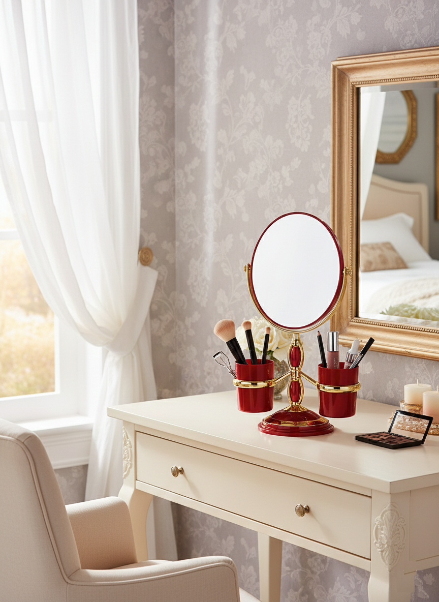 Avilo Double-Sided Make-Up Mirror with 2x Magnification and Holders – Dressing Table Vanity Mirror, Red