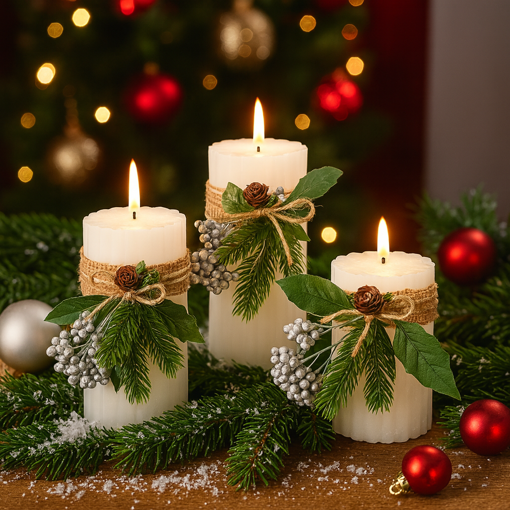 Set of 3 Winter Themed LED Candles with Hemp Wrap, Faux Greenery & Silver Berries
