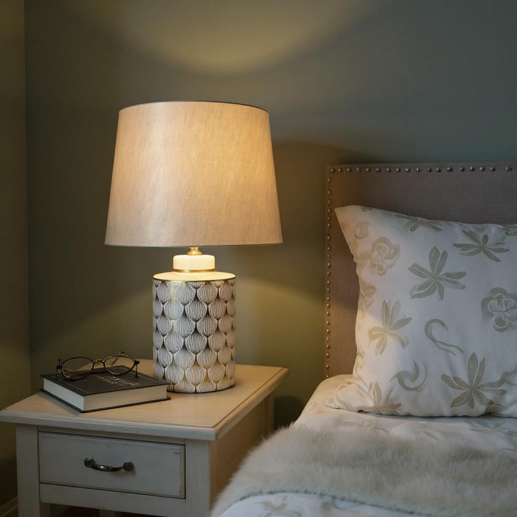 Cream Ceramic Striped Table Lamp with Handmade Drum Shade – Living Room & Bedroom Lighting