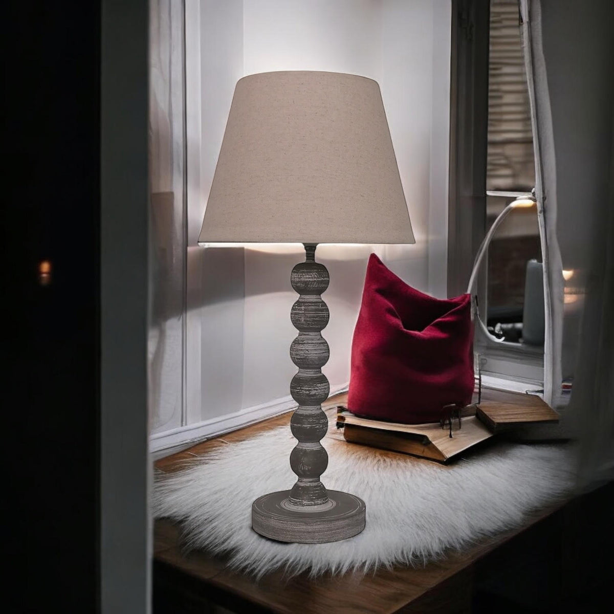 AcaciaHome Tall Wooden Washed Table Lamp, 42cm – Taupe Linen Empire Shade, Shabby Chic Style, Dark Grey