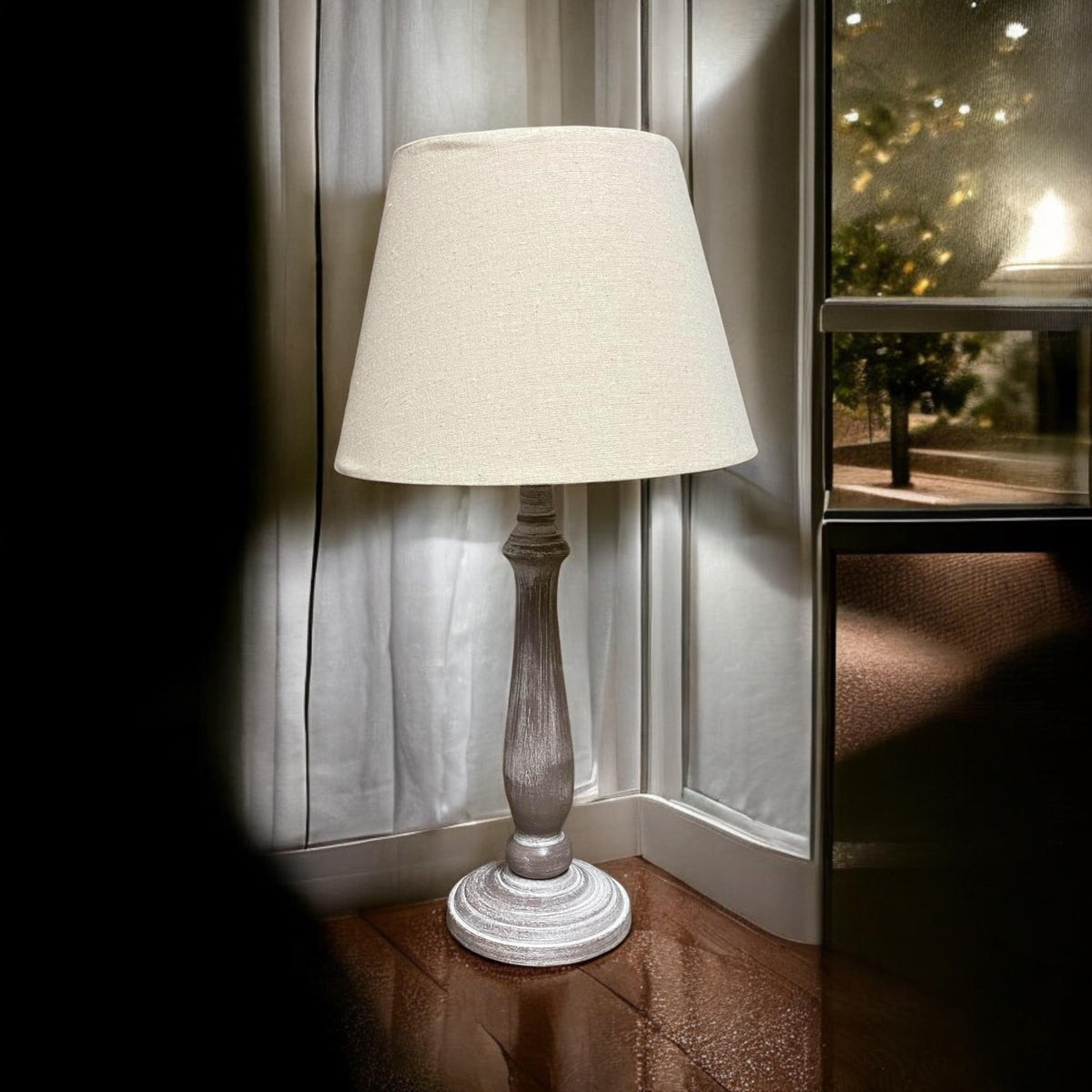 AcaciaHome Tall Wooden Washed Table Lamp, 45cm – Taupe Linen Shade, Shabby Chic for Bedroom or Living Room