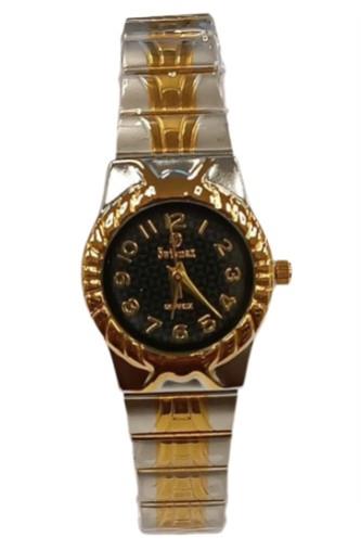 Swismax Ladies Bling Water-Resistant Watch – Black Dial, Two-Tone Metal Strap