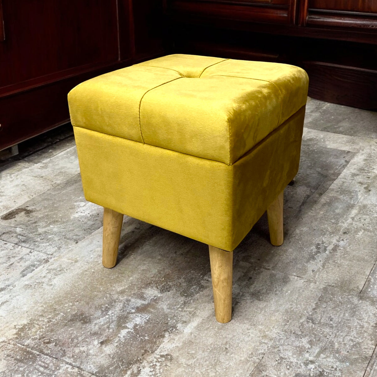 AcaciaHome Square Velvet Ottoman Footstool with Lift-Up Storage – Medium-Firm Foam Seat, Yellow