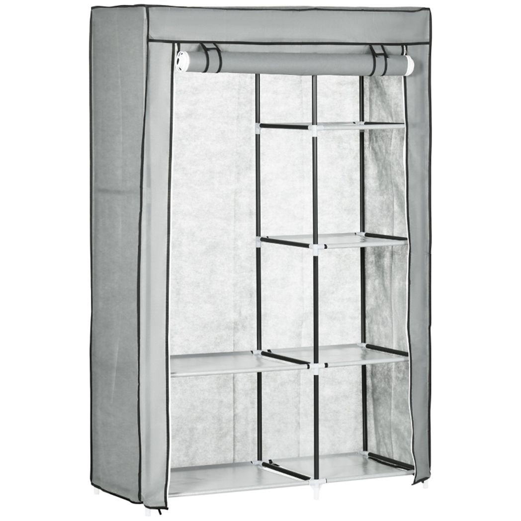 Chester Fabric Wardrobe with Hanging Rail, 6 Shelves and Roll-Up Door – Steel Frame Clothes Storage, Light Grey