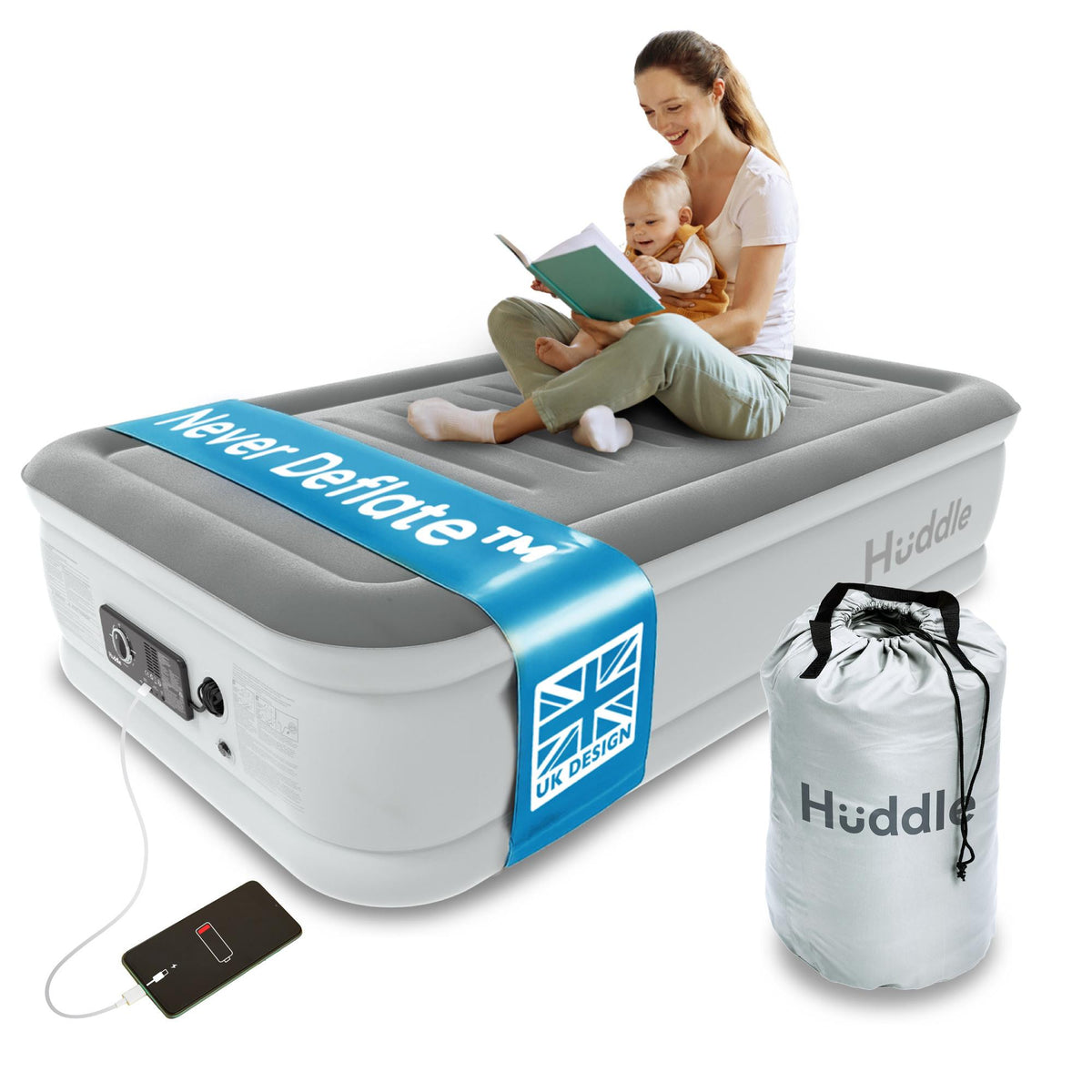 Huddle Never Deflate Air Bed with Dual-Action Pump, Comfort Dial & Nightlight – Single
