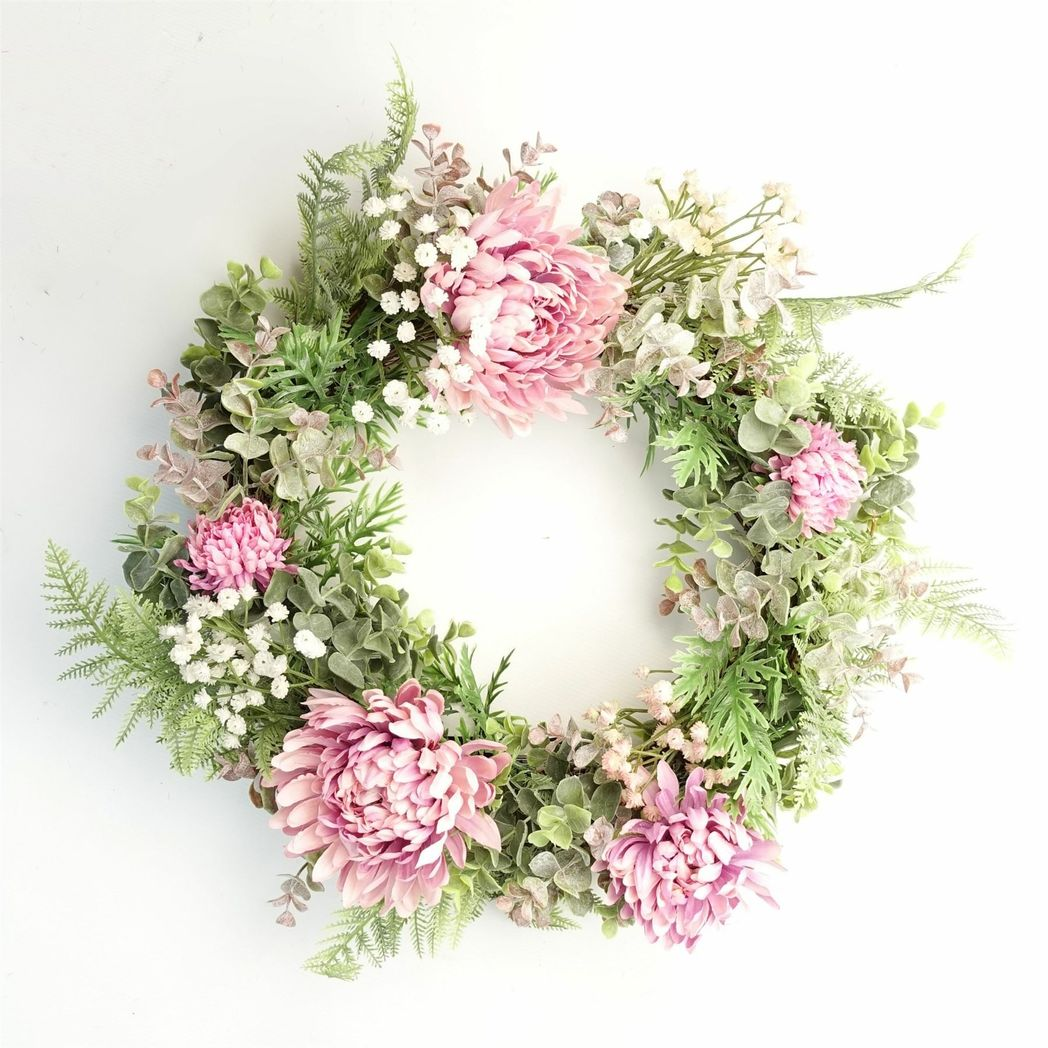 45cm Large Artificial Pink Blossom Floral Wreath on Natural Woven Base – Door Decoration