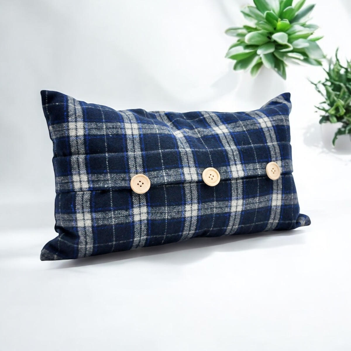 Blue Checked Velvet Tartan Cushion Cover, 30 x 50cm