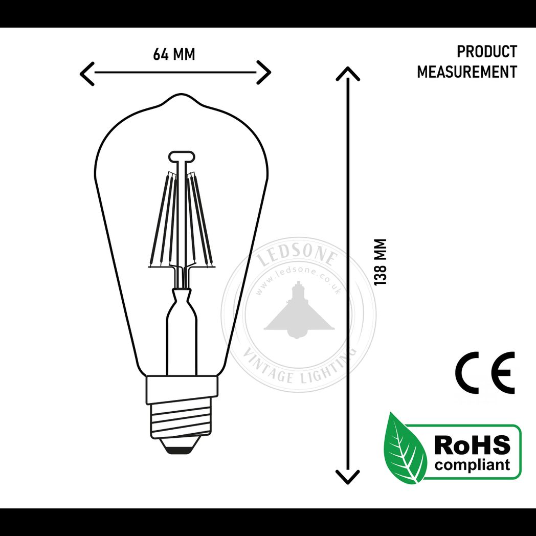 Ledsone 5 Pack E27 ST64 Vintage LED Edison Bulbs, 6W Dimmable Warm White 2700K – Amber Glass Filament