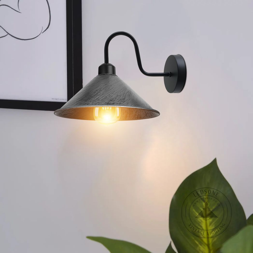 Vintage Swan Neck Wall Light, Cone Shade, E27 Socket – Dimmable Indoor Wall Sconce, Brushed Silver